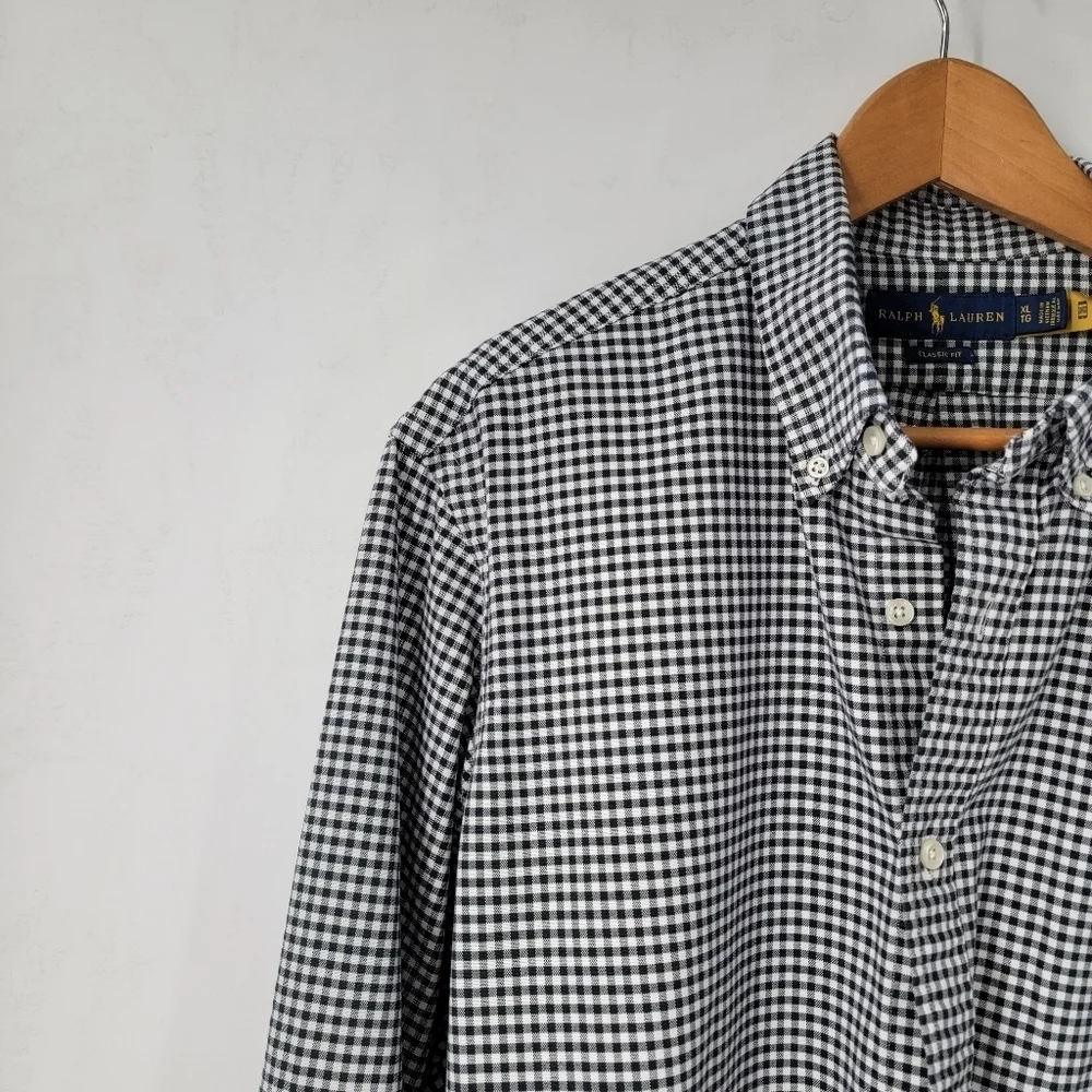 Ralph Lauren Blue Label Shirt Men's XL Black White Gingham Checkered Button Down